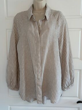 Boho Chic 100% Linen Womens Button Up Shirt Puff Sleeve Striped Neutral Size L